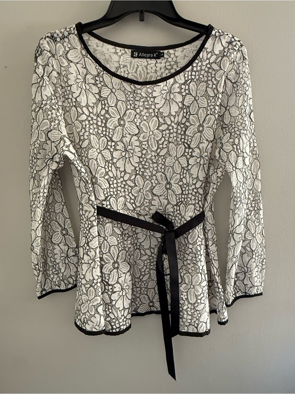 Allegra K Black and White Floral Lace Peplum Blouse with Tie